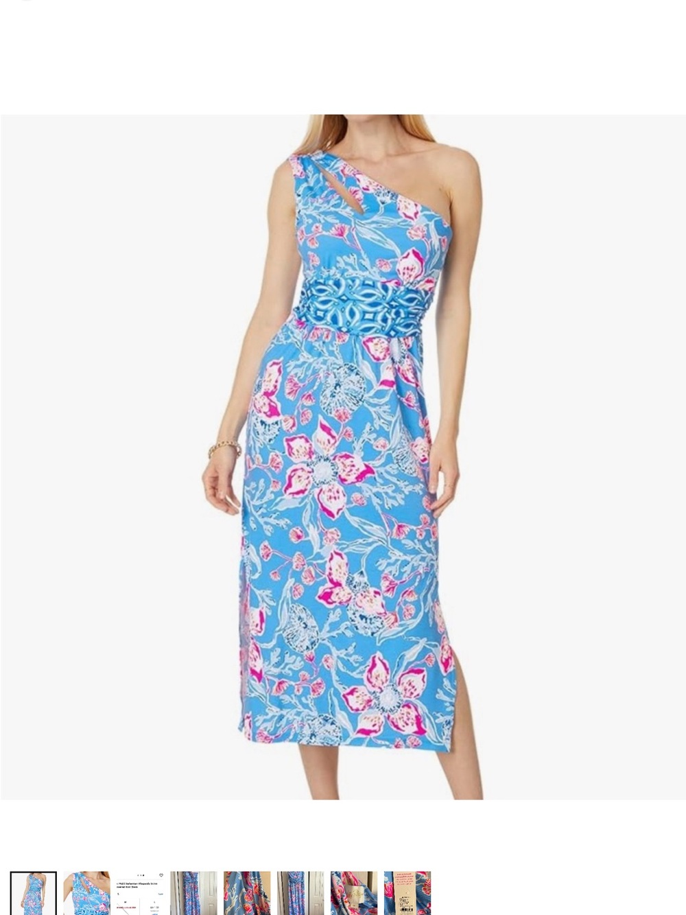 Lilly Pulitzer Blue One-Shoulder Floral Midi Dress with Pink Accents